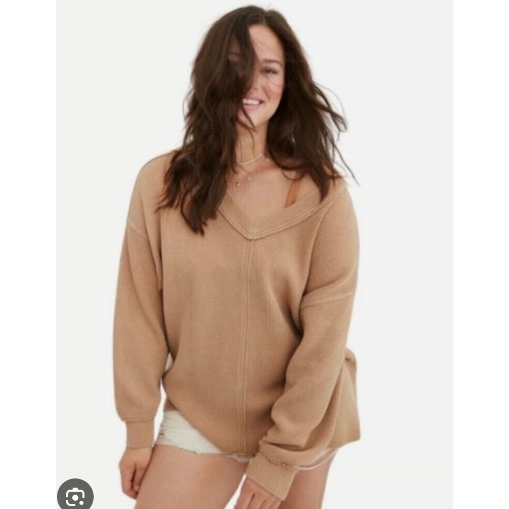 Aerie Wonder Texture Oversized V-Neck Knit Pullover Sweater Size Medium